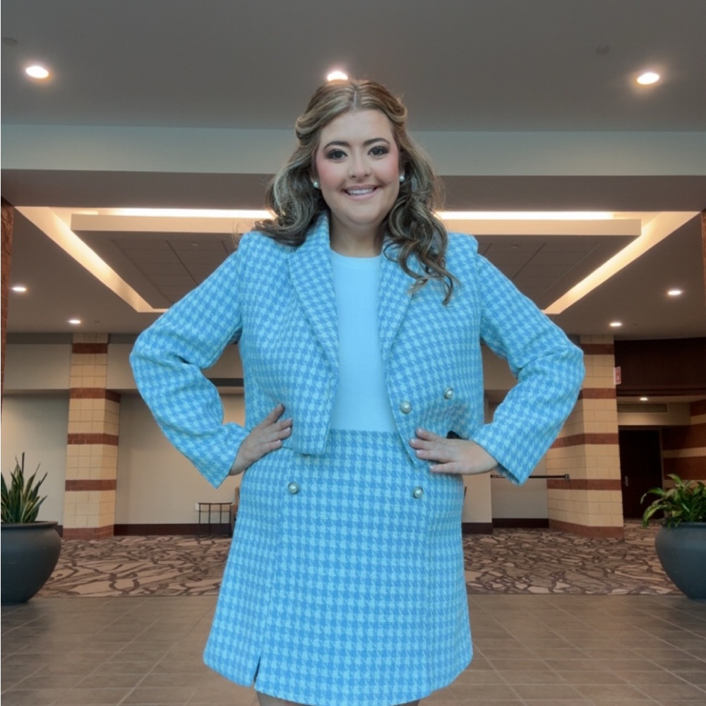 Blue Houndstooth Blazer and Skirt Set